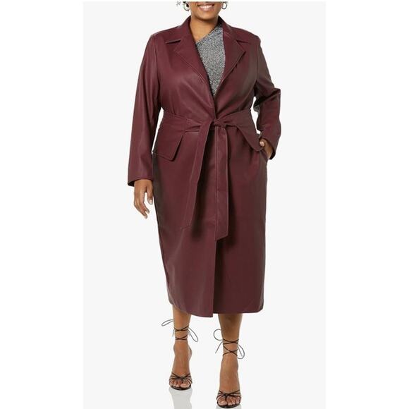 Andrea Pitter Jackets & Blazers - Terea By Andrea Pitter Dark Cherry Faux Leather Long Coat Belt TR311 Sz. XXL NWT
